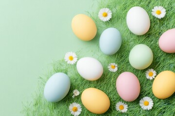 Fototapeta premium arrangement of pastel-colored easter eggs on fresh green grass with small daisies scattered around creating cheerful