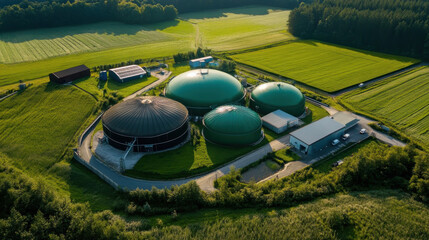 A biogas production facility is seen from above featuring three large digesters surrounded by lush green fields and trees. Clear skies highlight the rural setting and farming activities