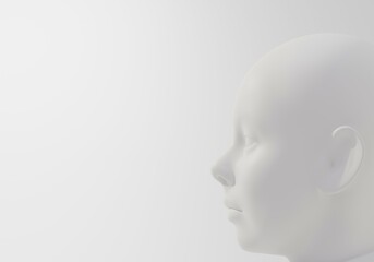 3D White humanoid profile on empty white background with copy space for text. Future of Human AI Concept. Minimal rendering.