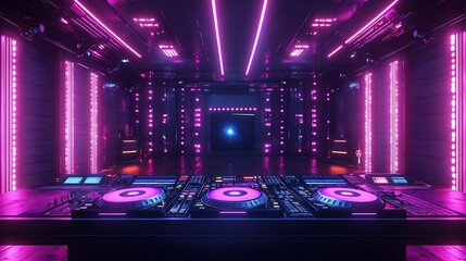 A neon lit futuristic nightclub stage with dj equipment displayed