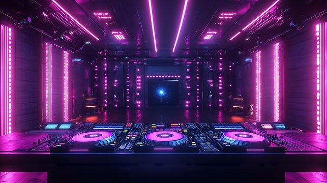 A neon lit futuristic nightclub stage with dj equipment displayed