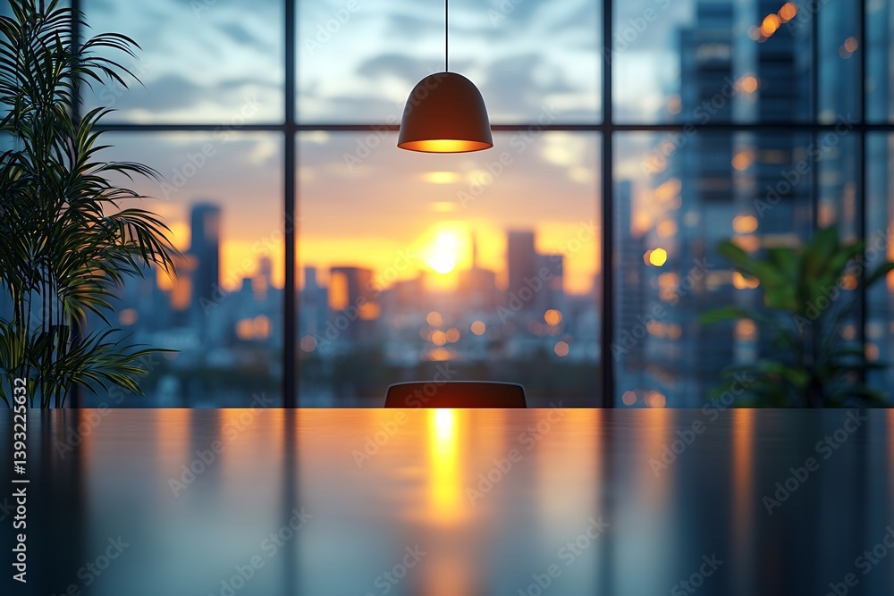 Poster serene sunset view from office window with desk reflecting light representing calm corporate environ