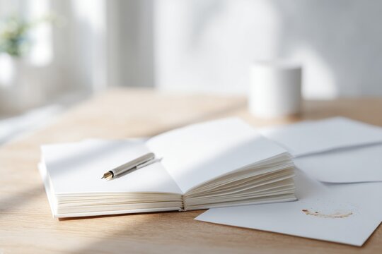 open notebook with pen on minimalist wooden desk surrounded by scattered sheets of blank paper providing ample copy