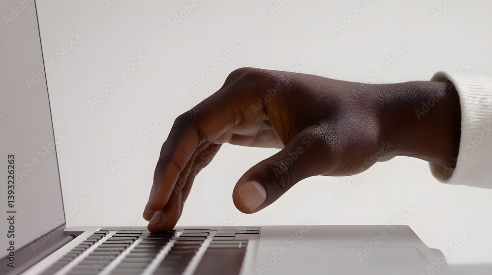 Poster close-up of a person's hand hovering over a laptop keyboard. the image emphasizes the hand's texture