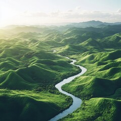 image of a lush river valley with gently rolling green hills isolated on a plain background 