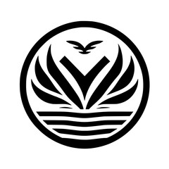 Abstract Black and White Nature Emblem: Bird, Water, and Leaves