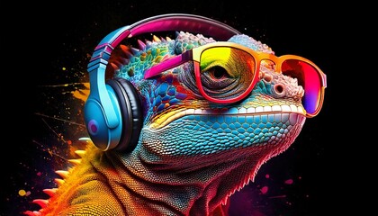 Colorful watercolor punk lizard with colorful sunglasses and headphones background
