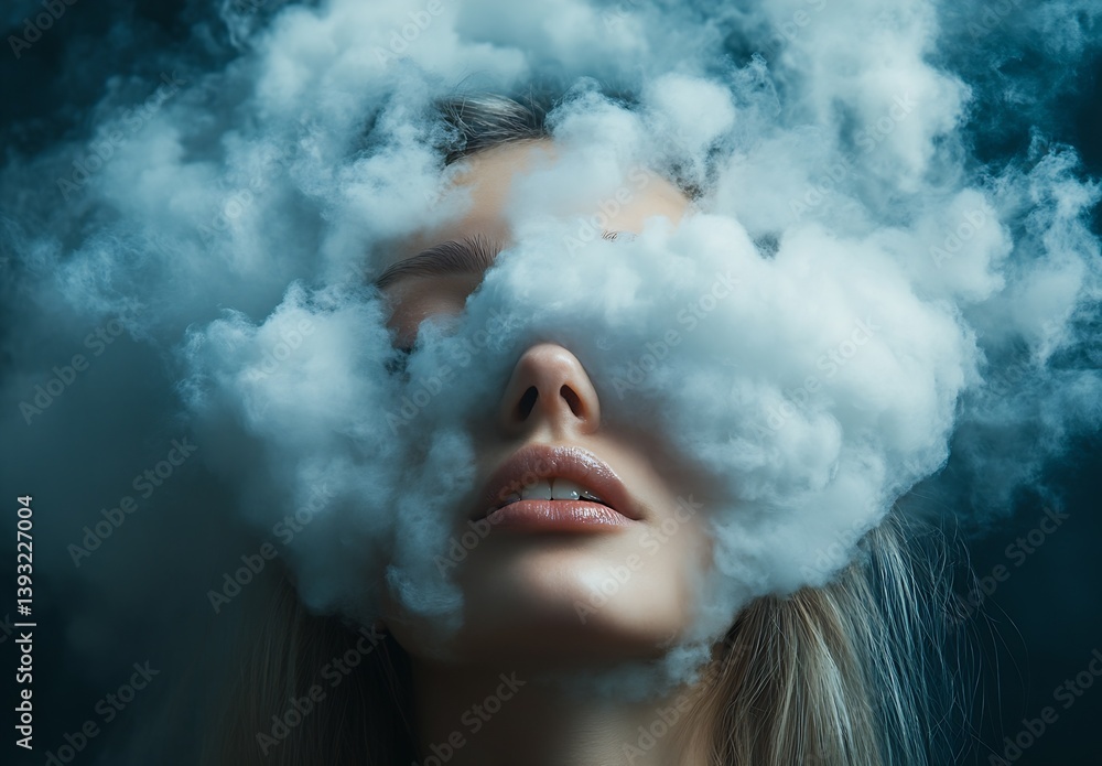 Poster captivating expression of a woman hidden behind mysterious clouds of smoke creating a dreamlike scen