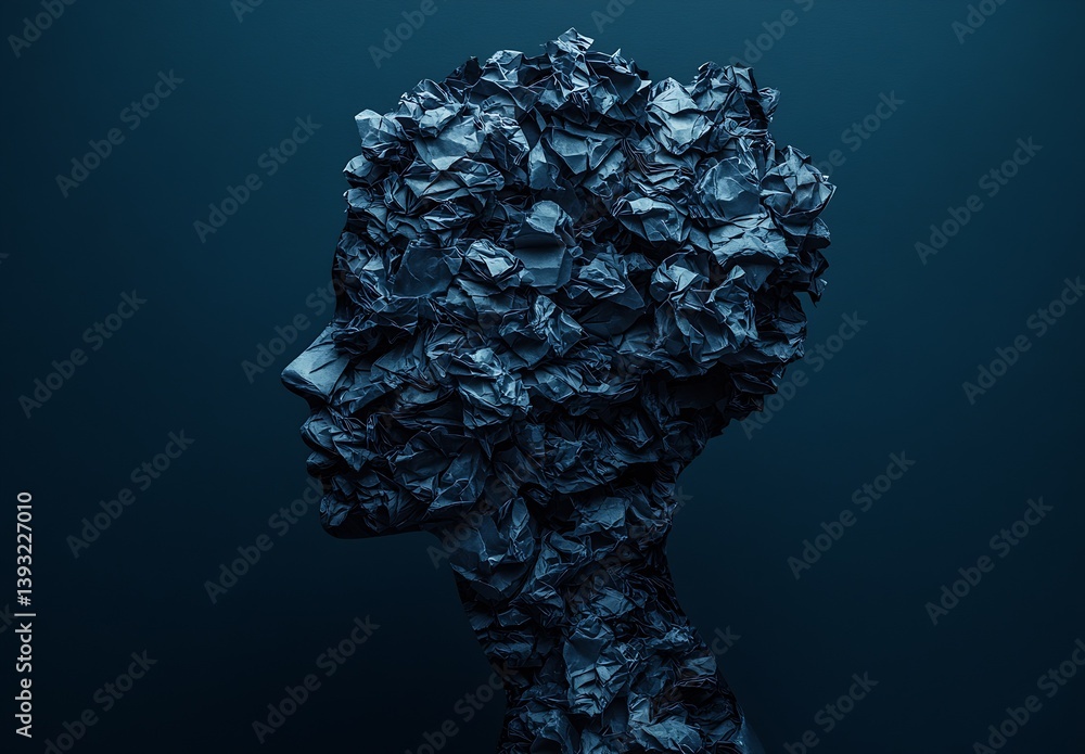 Aufkleber detailed close up of a crumpled blue paper sculpture head highlighting texture and abstract art comp