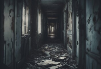 illustration debris haunted abandoned hallway house the dark s filled perspective generative victorian deserted grim vanishing point eerie doorway interior corridor desolate ai luxury home forgotten