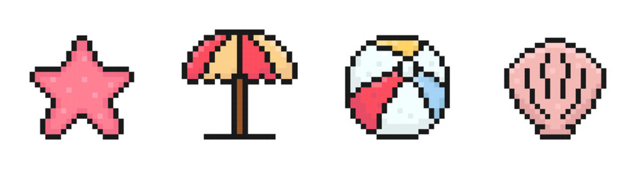summer beach pixel set of icons, vintage, 8 bit, 80s, 90s games, computer arcade game items, starfish, beach umbrella, ball, seashell, vector illustration