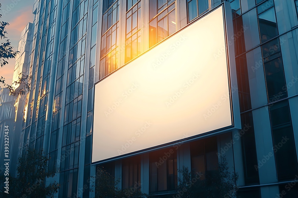 Poster billboard mockup on modern building facade cityscape at dusk evening advertisement copy space : gene