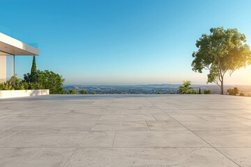 Obraz premium Expansive view from modern terrace overlooking city skyline at sunset with clear blue sky