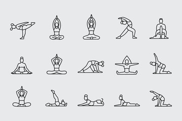 Yoga Poses Line Art Collection Wellness Fitness Routine Exercise Flexibility Training