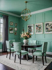 Dining room with mint green walls and floral art.