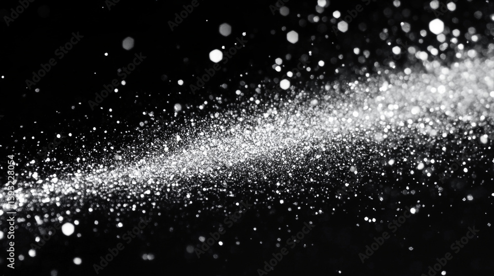 Poster a sparkling stream of silver glitter against a dark background with bokeh effect and light spots