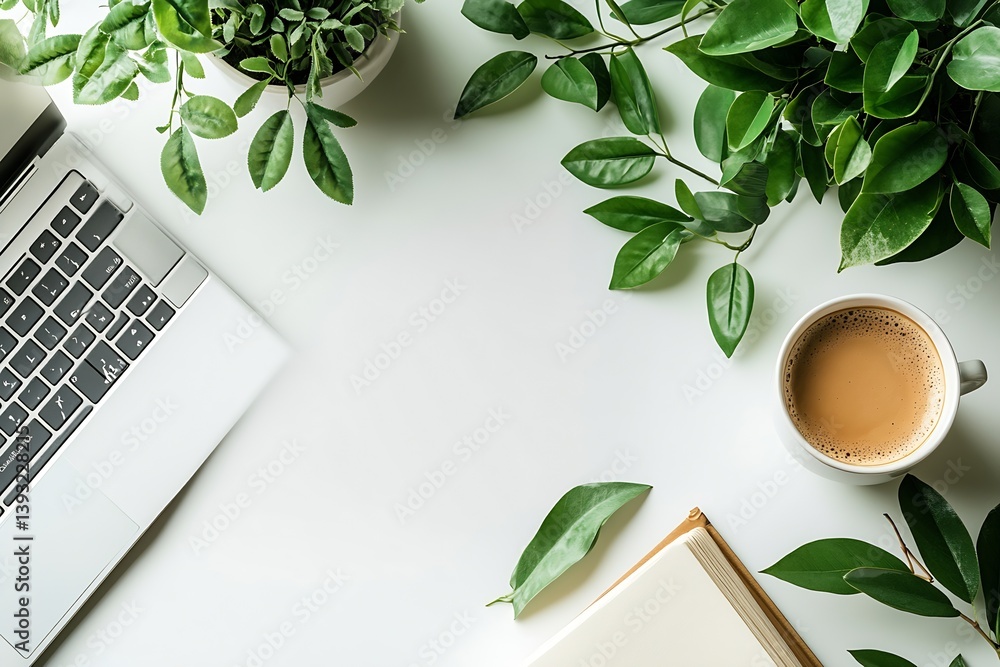 Aufkleber top down flat lay workspace with laptop coffee book and greenery for creative productivity and moder