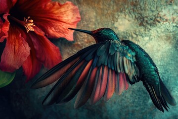 Fototapeta premium A vibrant hummingbird with iridescent feathers hovers near a large red hibiscus flower.