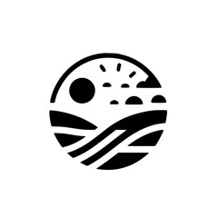 Minimalist Landscape Circle Logo: Sun, Hills, and Nature Icon.