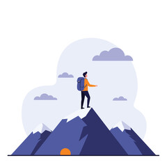 Obraz premium Hiker on Mountain Peak in Minimal Style Vector Illustration