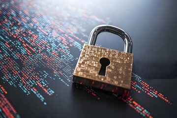 Cybersecurity concept with digital padlock and code overlay on screen.