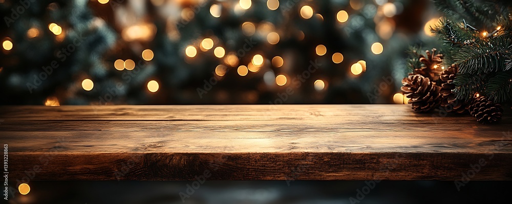 Poster festive christmas background with wooden tabletop and bokeh lights for product display and holiday s