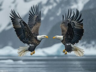 Obraz premium Two bald eagles in mid-flight, facing each other, over icy water