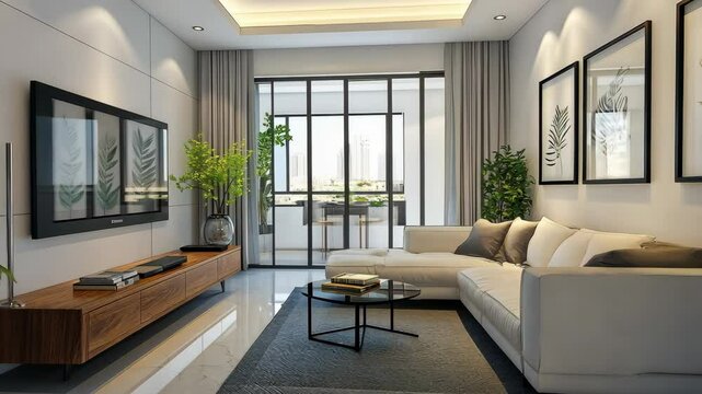 Modern living room interior and three picture frames hanged vertically on a wall one above each other.
