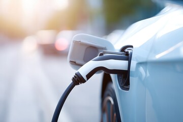 close-up image of electric vehicle charging station port with focus on cables and connectors