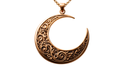 Elegant crescent moon pendant with ornate detailing, cut out transparent