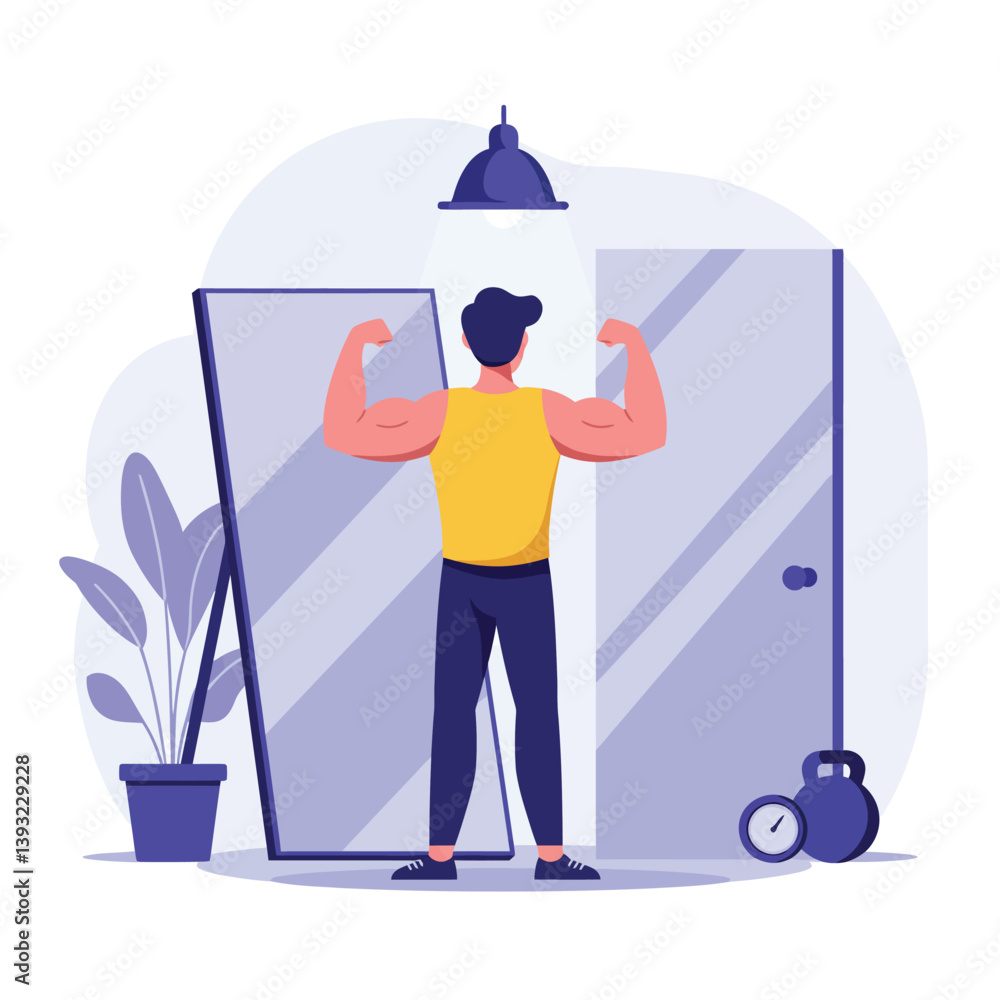 Poster strong man flexing muscles in front of mirror flat vector art