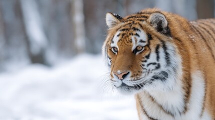 Obraz premium close-up of majestic siberian tiger prowling through snowy russian wilderness its eyes focused intently forward white