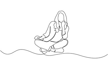 Young woman sitting cross-legged on the floor. Continuous line art drawing, Girl sitting high with dangling feet in continuous line art drawing style.