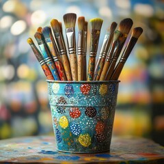 Colorful paintbrushes in a decorative tin