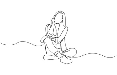 Young woman sitting cross-legged on the floor. Continuous line art drawing, Girl sitting high with dangling feet in continuous line art drawing style.