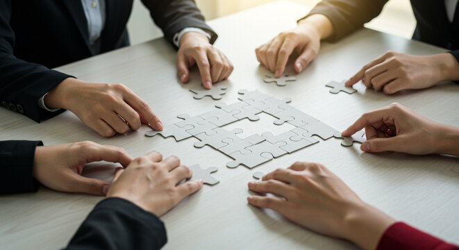 A team collaboratively assembles a jigsaw puzzle, symbolizing their shared journey towards a common goal, with a neutral-toned table setting.