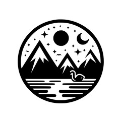 Minimalist Lakeside Landscape Icon: Mountains, Moon, Stars, Swan