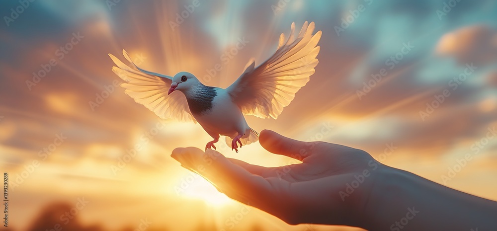 Poster dove in flight with wings outstretched captured on a hand during a stunning sunset : generative ai