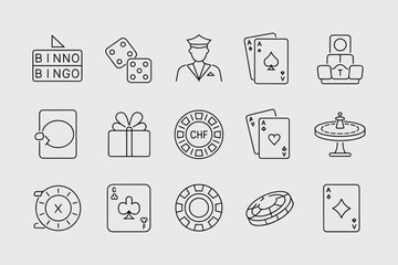 Outline Style Gambling And Casino Elements Featuring Cards,Chips,Roulette,And Dice