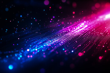 Obraz premium Dynamic abstract network of glowing pink and blue connections and nodes on a dark background. Futuristic tech, data, AI visualization.
