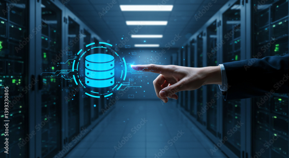 Aufkleber a hand reaching out to a glowing database symbol, symbolizing the power of data in a futuristic serv