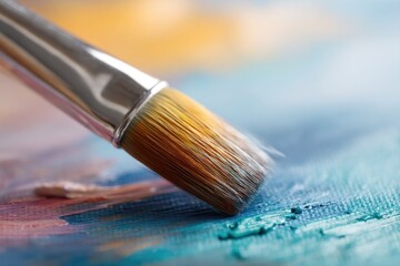 Fototapeta premium close-up of artist brush engaging vividly with canvas vibrant strokes hinting at masterpiece in progress