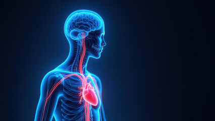 An illustration of a human head and chest with highlighted brain and heart, emphasizing VNS (Vagus Nerve Stimulation) technology.