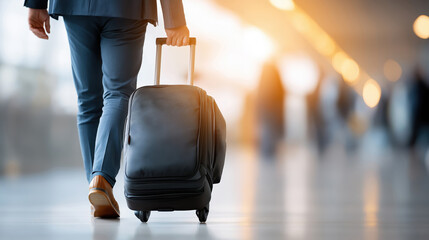 Fototapeta premium Business traveler walking with suitcase in airport terminal 