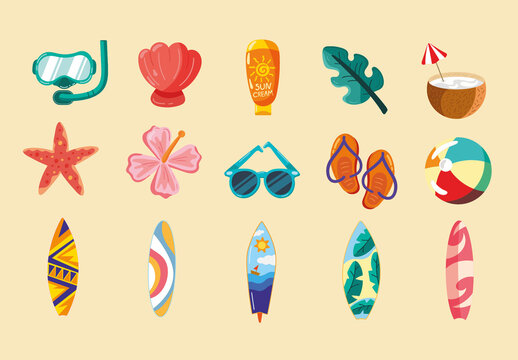 Colorful Summer Tropical Beach Items Illustration Set