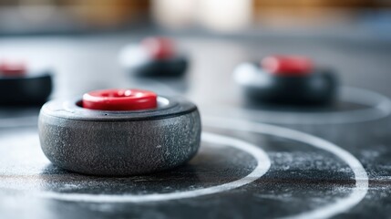 Curling stones positioned on a circular target background  