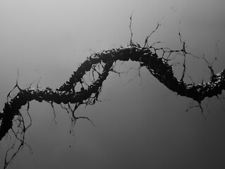 A dark textured branch extends across a soft gray background