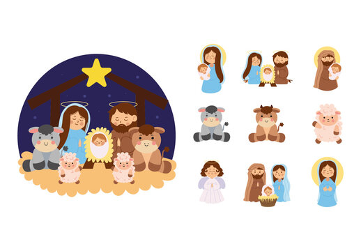 Colorful Cute Nativity and Holy Family Illustration Set