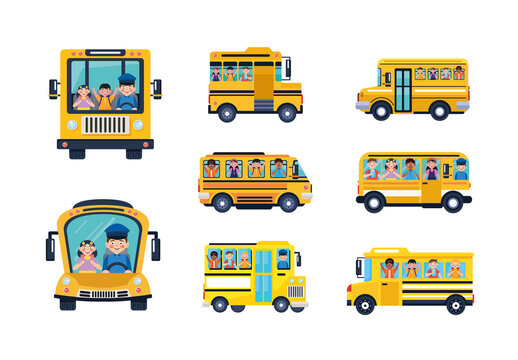 Colorful Happy Kids in Yellow School Buses Illustration Set