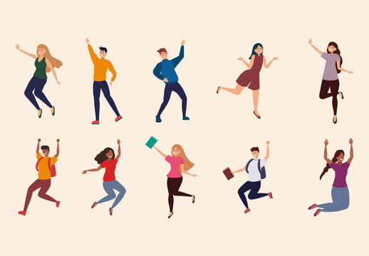 Colorful Energetic Teen Celebration Jumping Poses Illustration Set